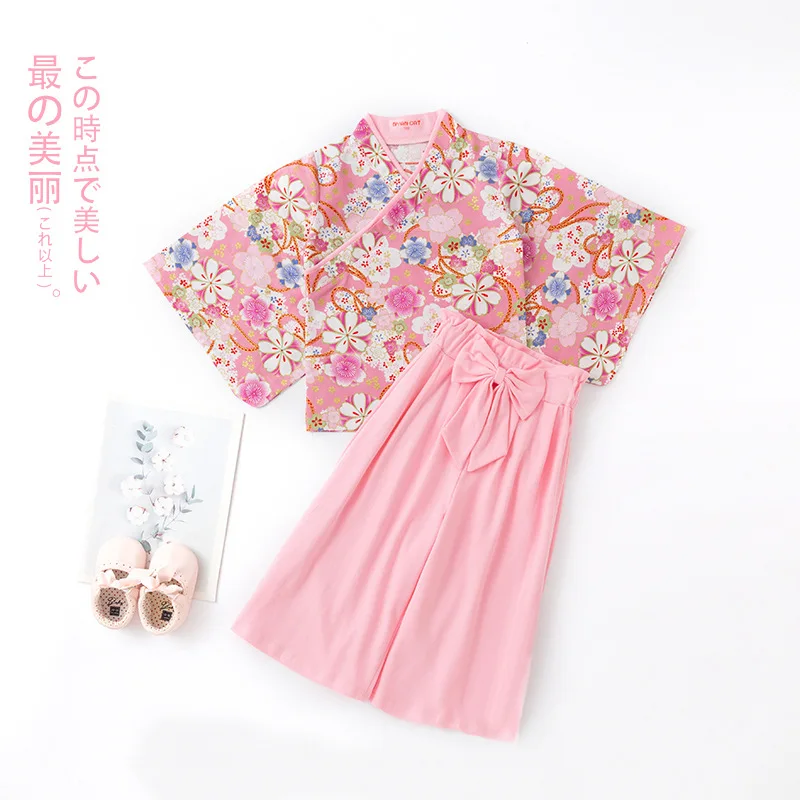 

Girls Kids Korean Japanese Fashion Autumn Long Sleeve Kimono Cardigan Set Pink Floral Print Top + Pants Children Casual Outfit