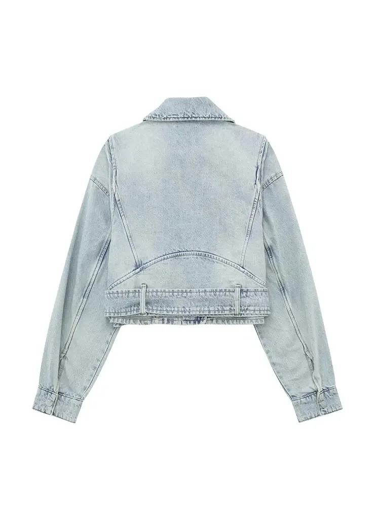 

Women's Fashion Denim Biker Jacket Women Vintage Lapel Long Sleeve Zipper Belt Female Chic Coat