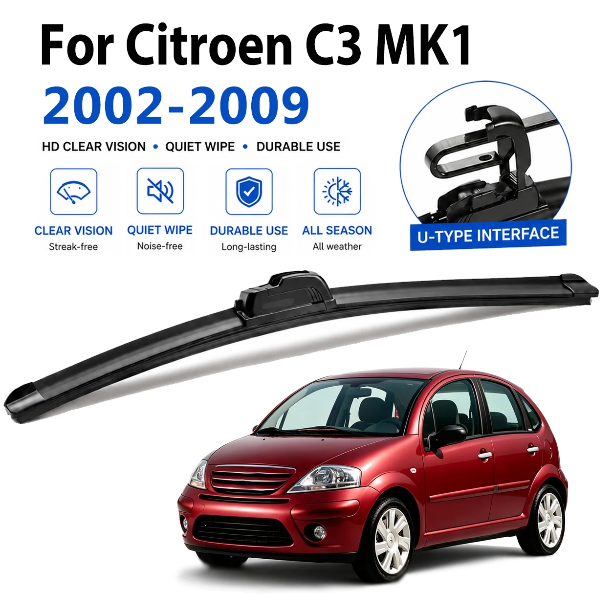 Durable Quiet Black Wiper Blades For Citroen C3 MK1 2002-2009 Premium-Rubber, Quick Install Scratch Proof High Quality Long Life