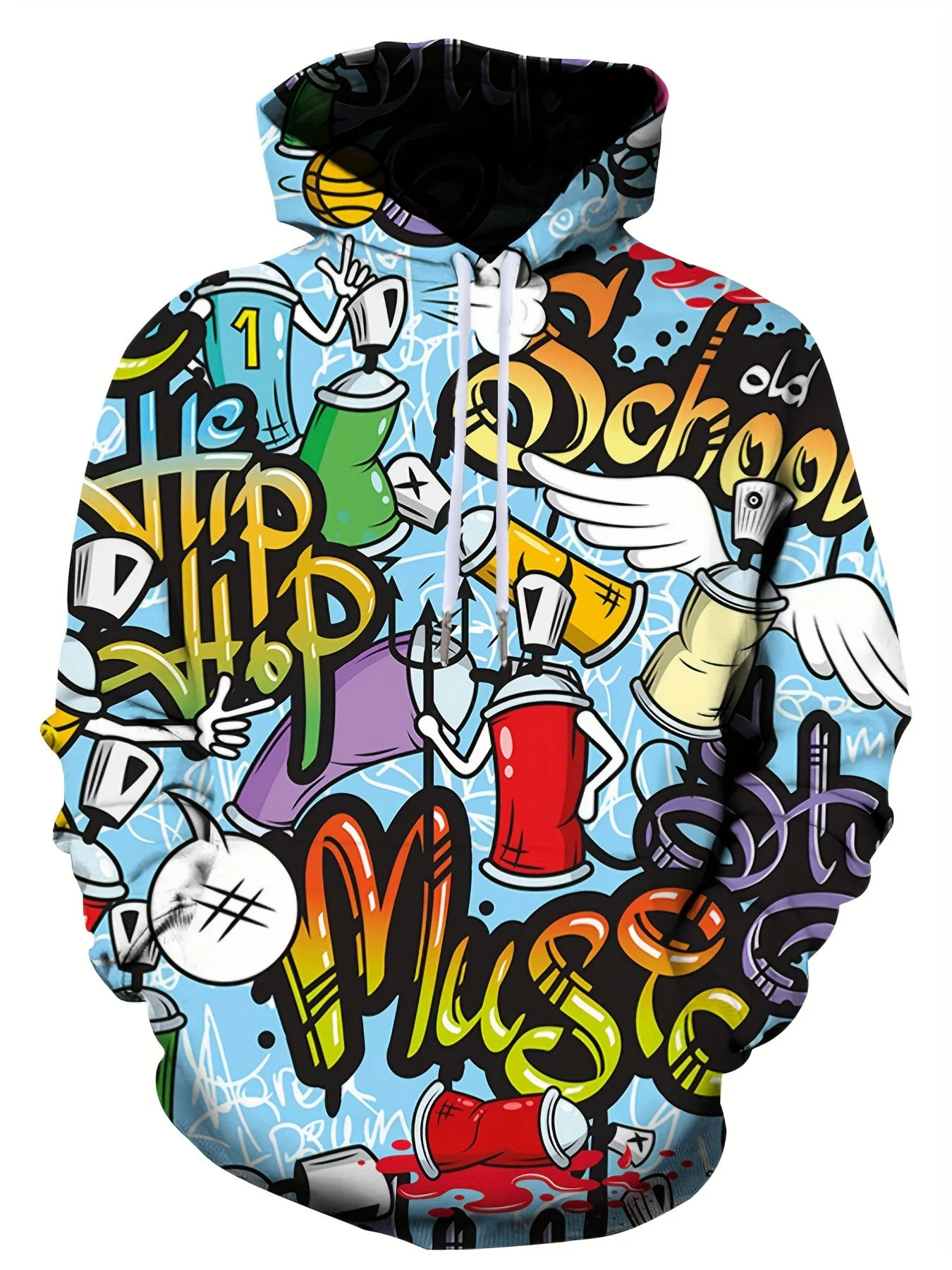 Retro Hip Hop Spray Can Graffiti Music Full Print Hoodie Color Street Art Drawstring Pocket Skate Sweatshirt