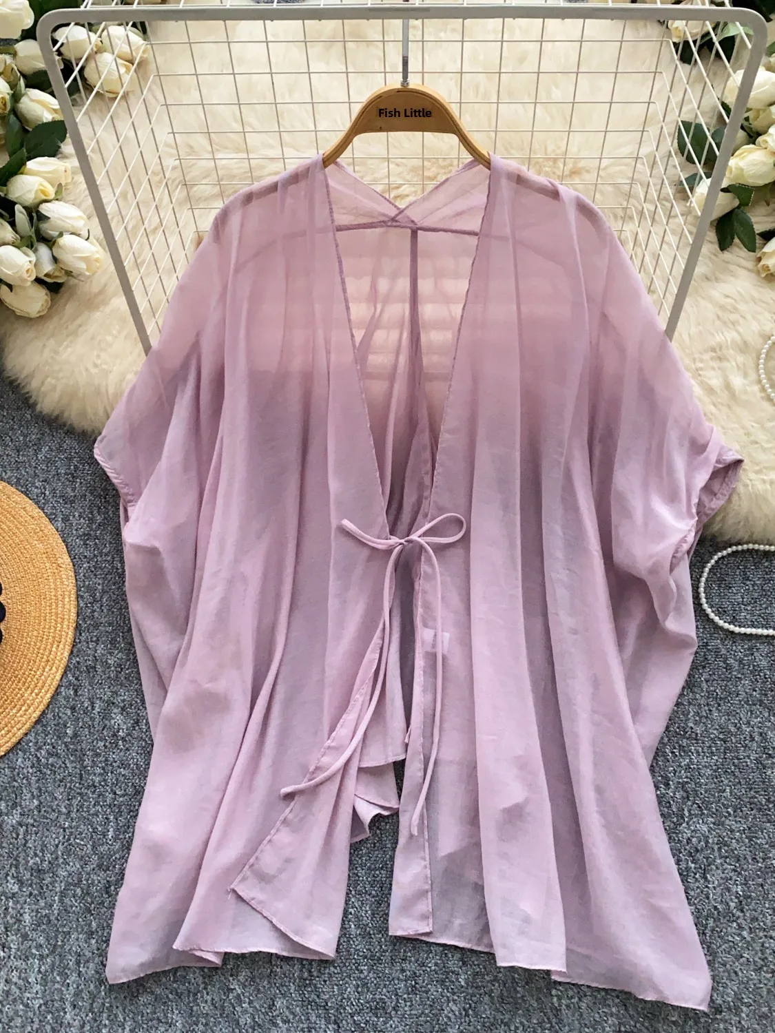

Korean Style Loose Breathable Short Sleeve Open Cardigan Women's Summer Thin Belted Slimming Sun Protection Lightweight Outer...