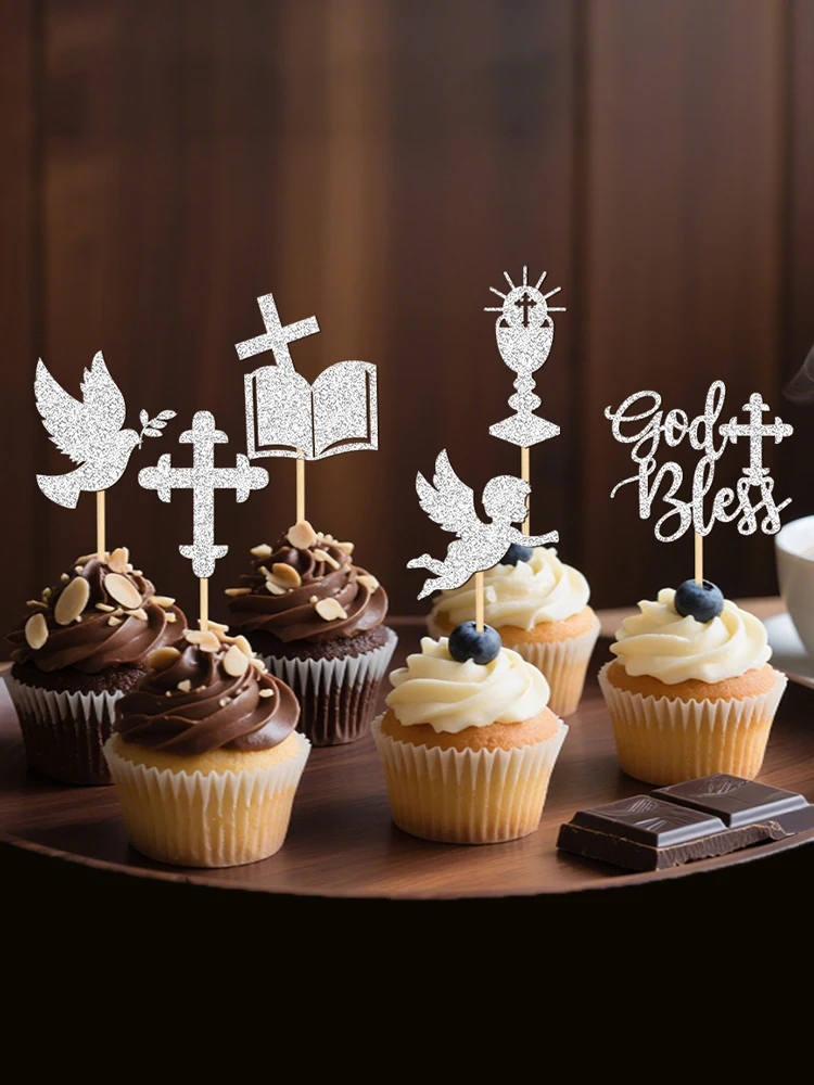 NUBECOM 24 pièces décoration de Cupcake divin paillettes bénédiction conception décoration de gâteau pour décor de baptême colombe ange craie Bible croix pics