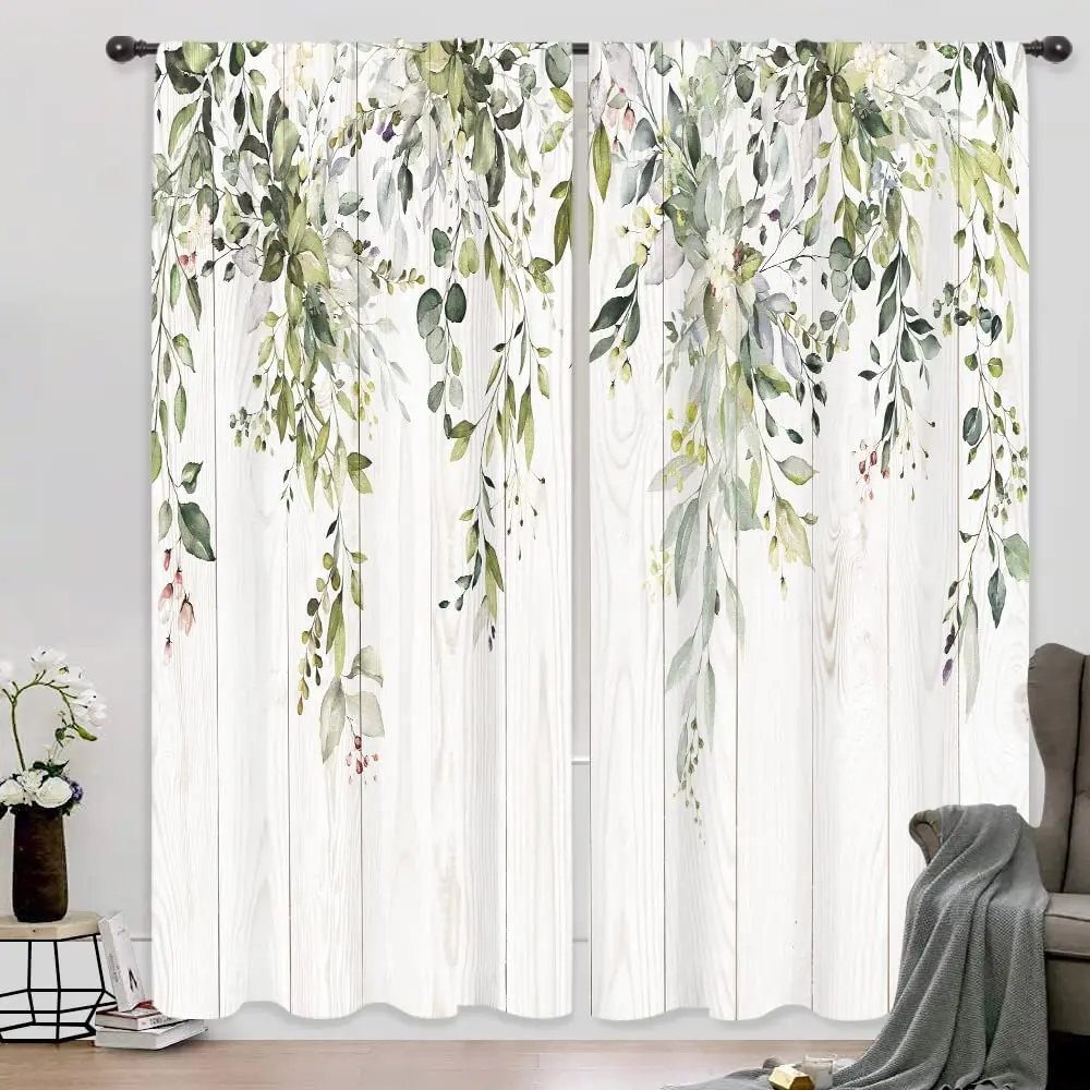 

Green Eucalyptus Leaves Curtains for Living Room, Bedroom, Dining, Modern American Fabric Printing, Soft Flowers Curtain, Custom