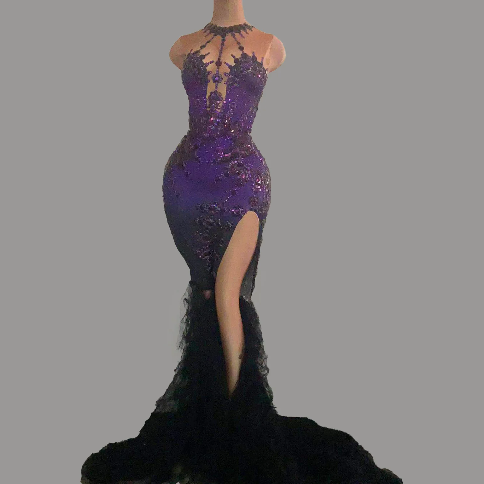 

Sexy Purple Black Gradient High Neck Mermaid Tissue High Slit Dress Drag Queen outfit gogo Dance singer Costumes