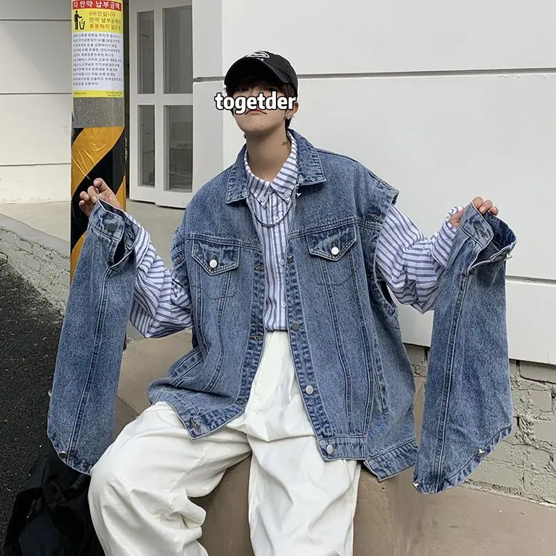 Jean destacável jaqueta de manga longa oversized harajuku denim roupas masculinas moda coreano topos primavera outono feminino