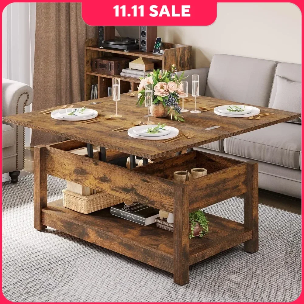 Lift Top Coffee Table, 3 in 1 Multi-Function Coffee Tables with Storage for Living Room, Rustic Brown