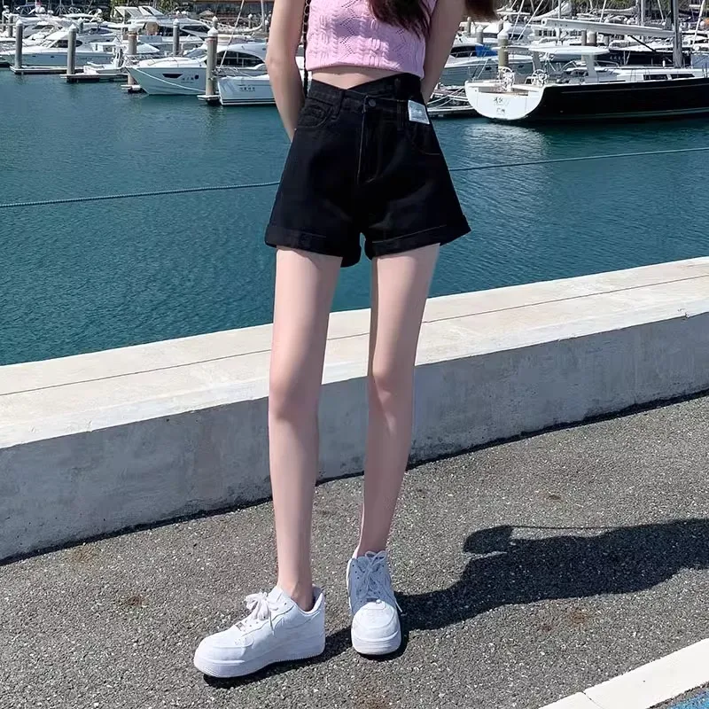 High Waist Black Denim Shorts Women's Versatile Thin A-Line Cuffed Wide Leg Pants Summer Fashionable Wear Resistant Cotton El...