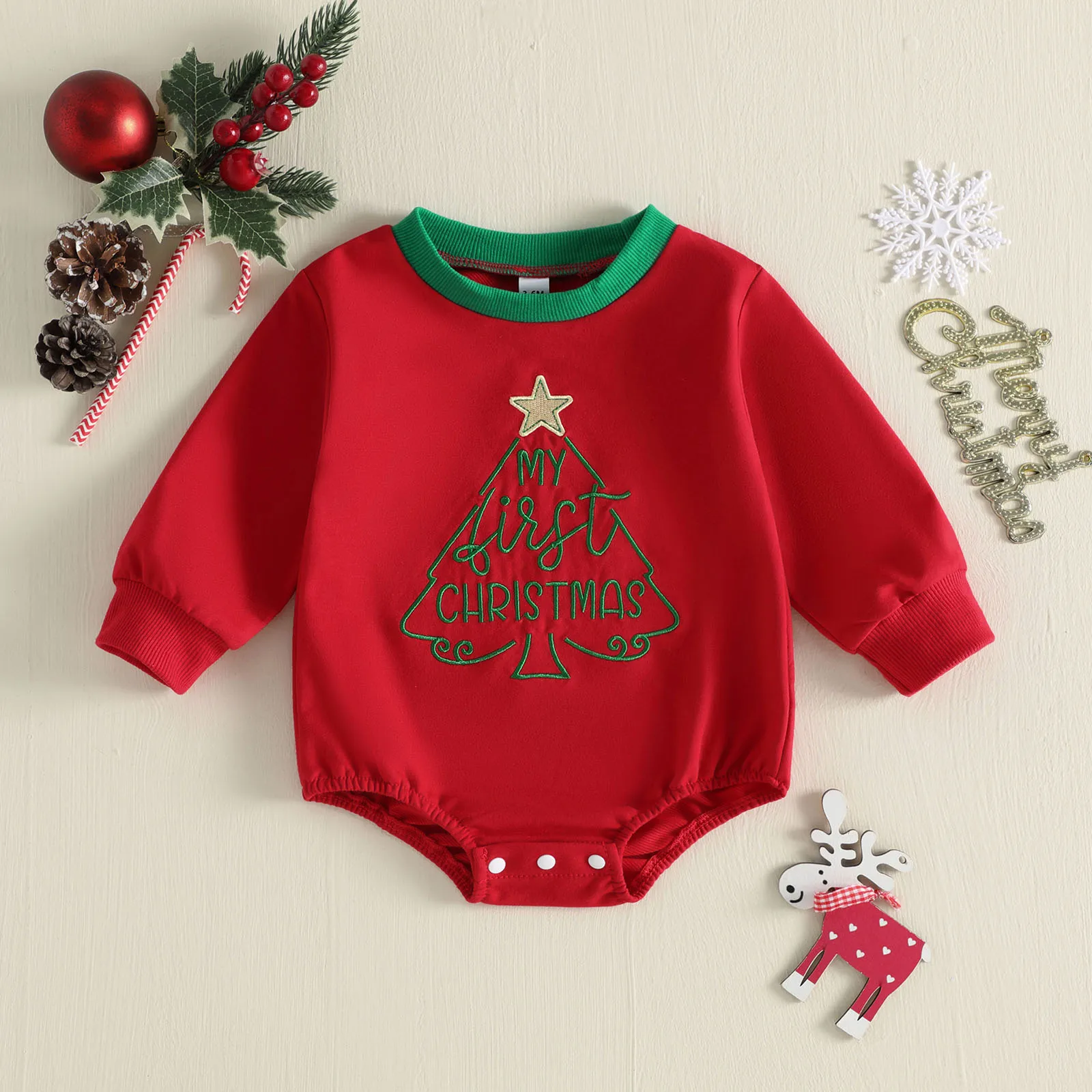 Baby Girl Red Christmas Sweatshirt Romper Christmas Tree Embroidery Crew Neck Bodysuits