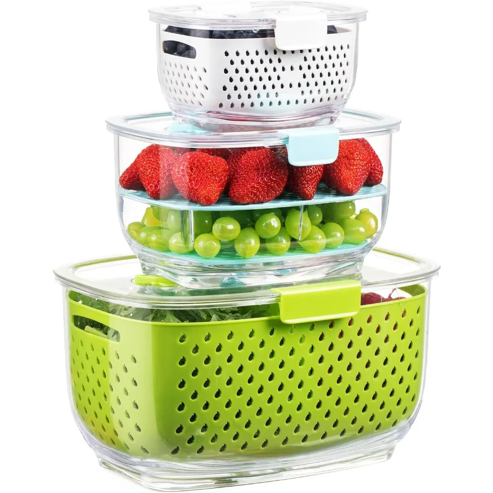 

Fresh Produce Vegetable Fruit Storage Containers 3Piece Set, BPA-free , Partitioned Salad Fridge Organizers