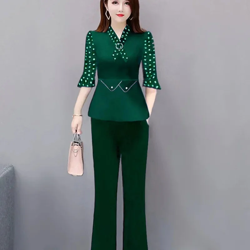 5XL Women Pants 2-Piece Set 2025 Spring Autumn Suit Middle Aged Female Shirt Tops+ Wide leg Pants Two-Piece Suit Profession Suit image 2