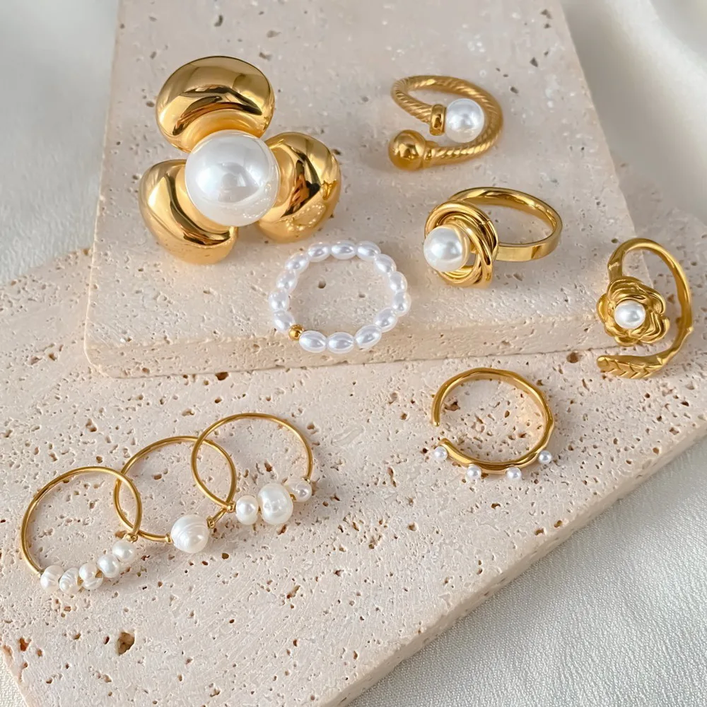 Französisches Vintage-Perlenring-Set für Damen, 14K vergoldeter Barock-Perlenring, gedrehte, klobige Statement-Fingerringe, Schmuckgeschenk – Detail 3