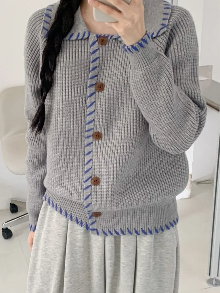 Autumn Winter Lazy Turn-down Collar Color Blo Design Knitwear Jaet Women's Loose Casual Open Cardigan Elegance Knitted Top