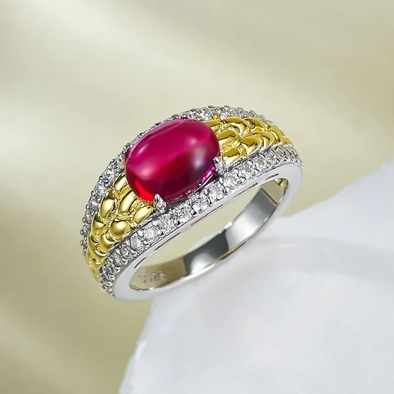 

New 925 silver gold-plated round chubby 6 * 8mm pigeon blood red egg face old money style ring for women's wedding jewelry