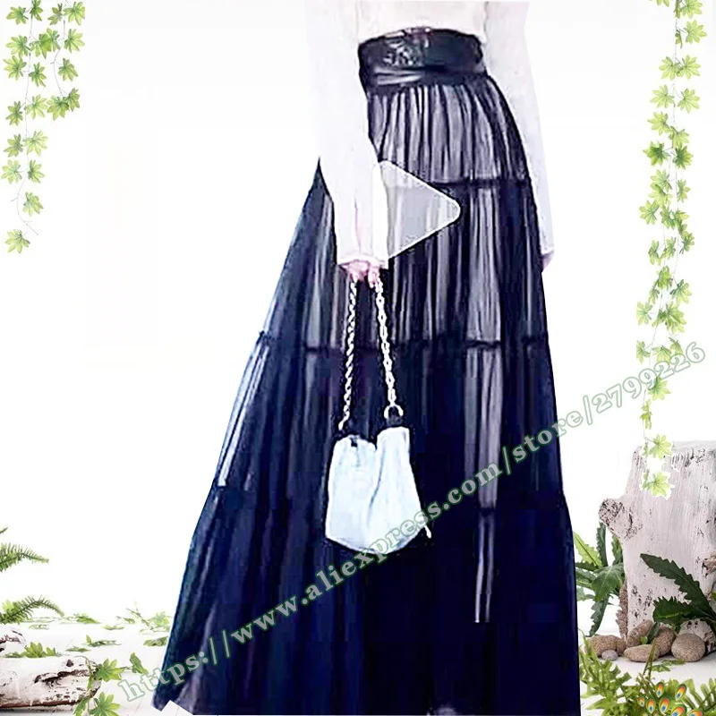 Plus Size Korean High waist transparent Mesh pleated women's long skirt  long skirts for women fashion 2024 female pleated skirt
