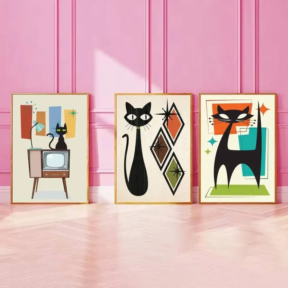 Mid Century Atomic Black Cat Paper Poster Retro Geometric Shape Kitty Wall Print Decor for Living Room Cat Lover Gift