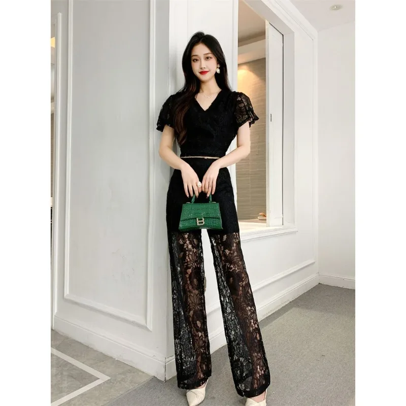 2026 Summer Women's Fashion Two-piece Suit Slim-fitting Thin Lace Pants Outer Wear Trousers Lace Flared Sleeves V-neck Short Top