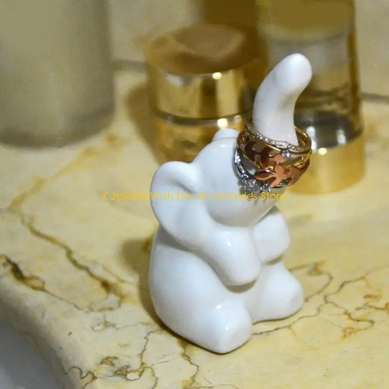 

31KD Handcrafted White Elephants Rings Holder Sculpture For Home Or Jewelry Store