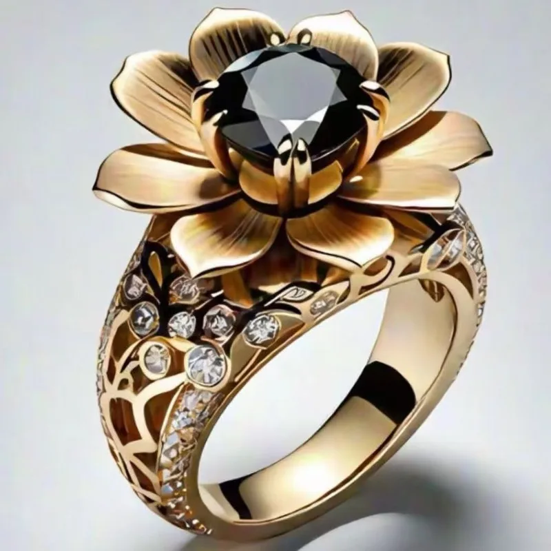 

New Alloy Sunflower Ring For Women-Creative Hollow Gold Plated Black Diamond European American Style Fashion Trendy Hand Jewelry