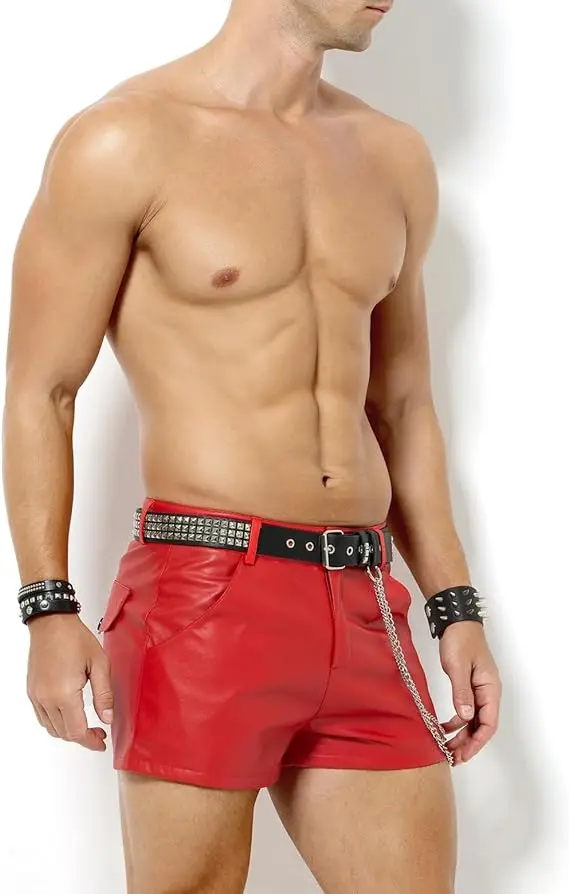 Arjen Kroos Herren-Shorts aus PU-Leder, sexy Rave Hot, kurze Hose mit Taschen – Detail 23