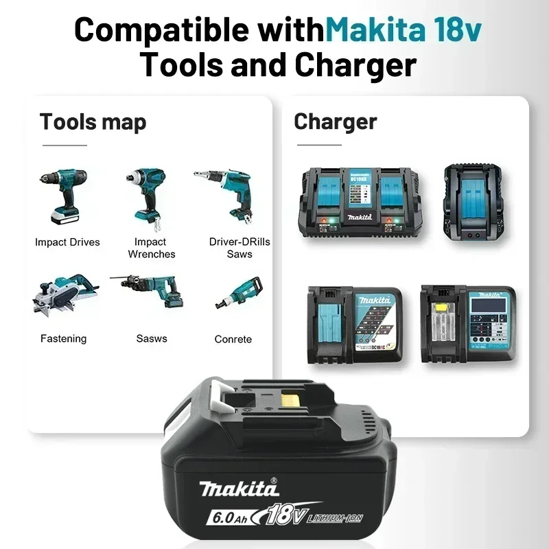 Batterie lithium-ion aste avec chargeur, 18V, 6,0 Ah, BL1860, Makita BL1850, BL1880, BL1860B, LXT400