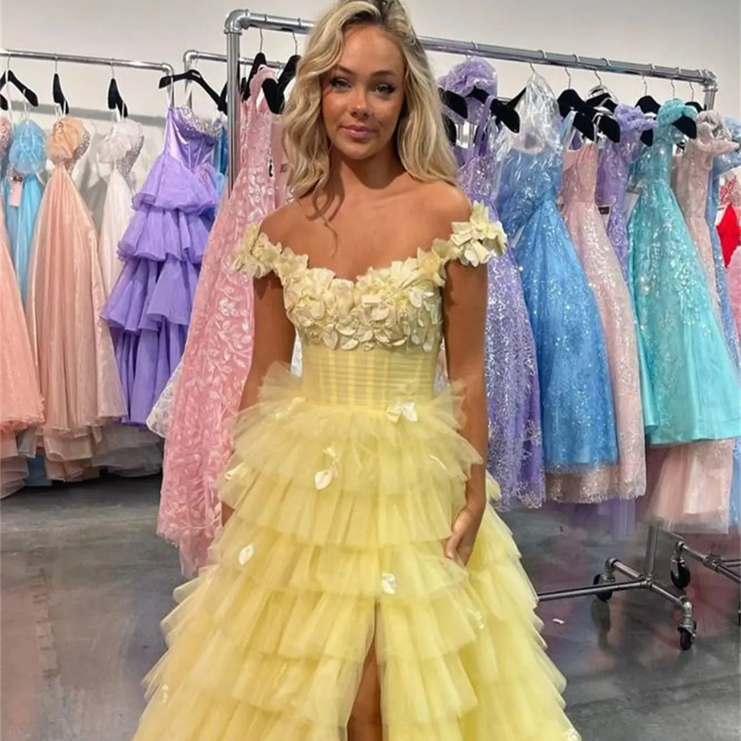 Aileen 3D Leaf Lace Yellow Multi-layer Princess Party Dress for Wedding Dresses Official Store Prom Gown Ball Gowns