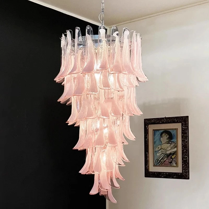 Pink White Large Ceiling Pendant Light Home-appliance High Ceiling Glass Hanging Lamp Lustres Foyer Lighting Extremely Expensive