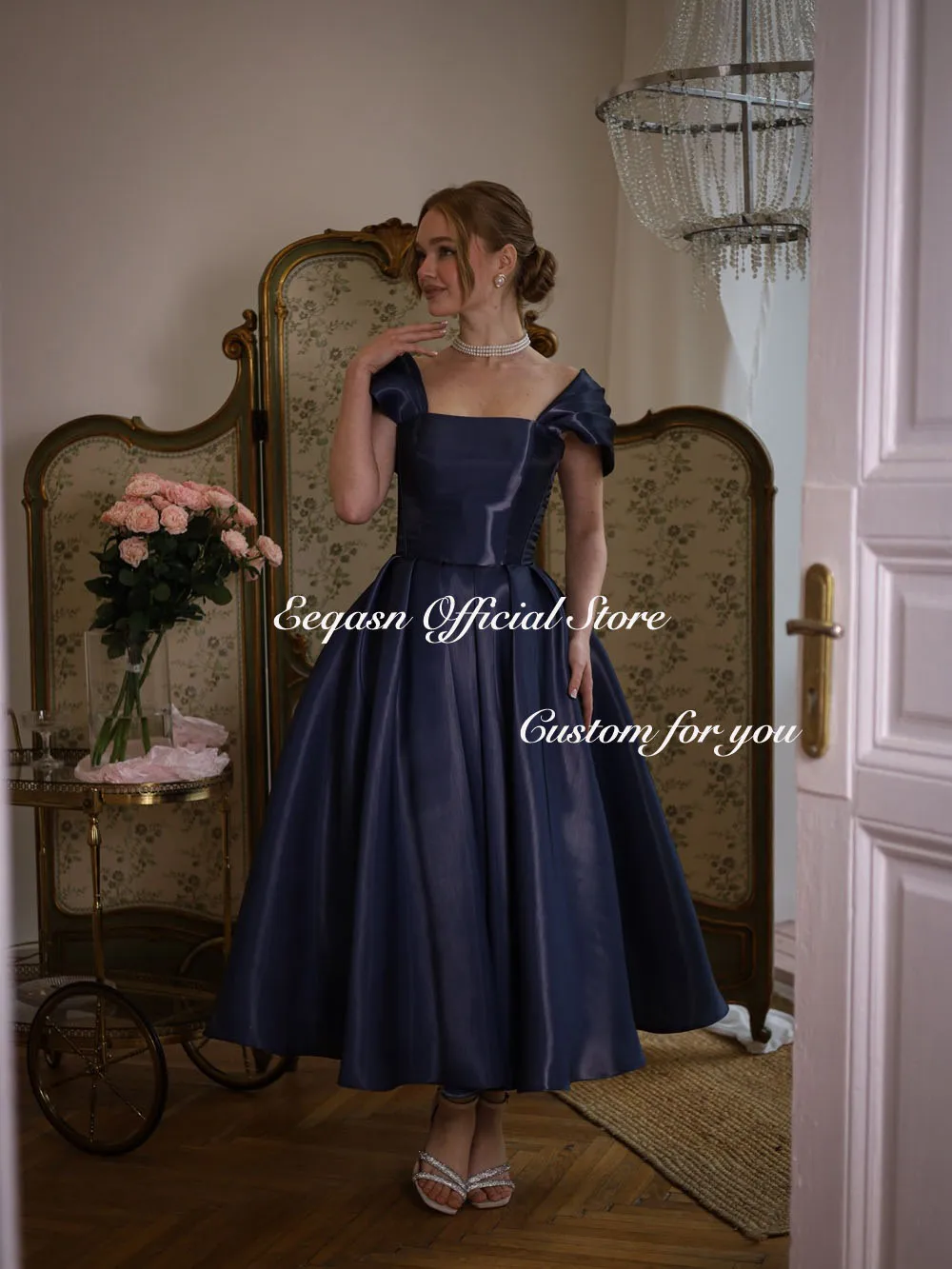Eeqasn Customized Navy Blue Evening Gown Elegant Pleat A-line Strapless Tea Length Formal Dresses High Quality for Woman