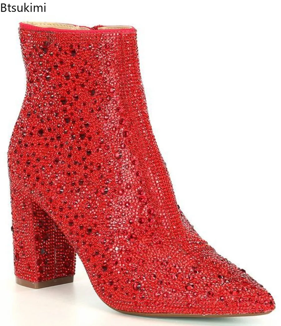 Women's Solid Color Full Crystal Chunky Heel Ankle Boots Pointed Toe Zipped Rhinestone Booties Bling Bling Diamond Wedding Shoes