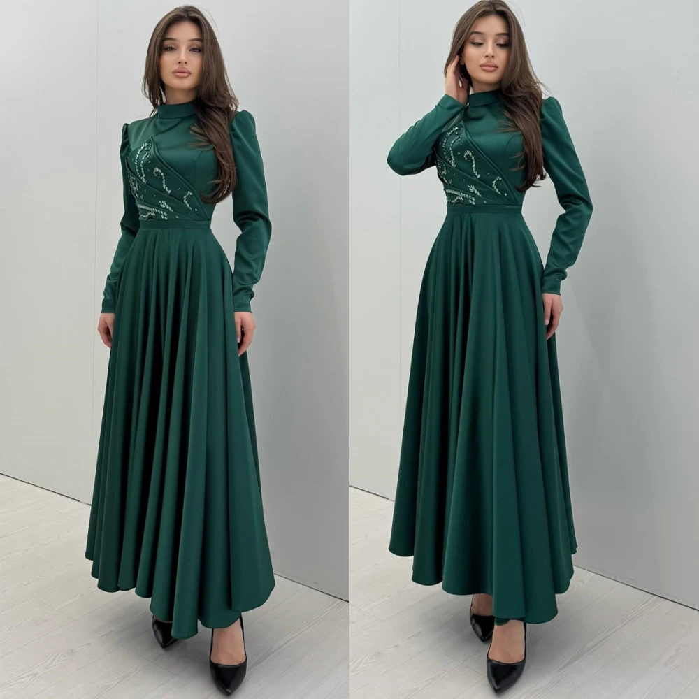 

Customized Formal Jersey High Collar Evening Dress Delicate Long Sleeves Prom Dresses Formal Sweep Train Special Occasion Gowns