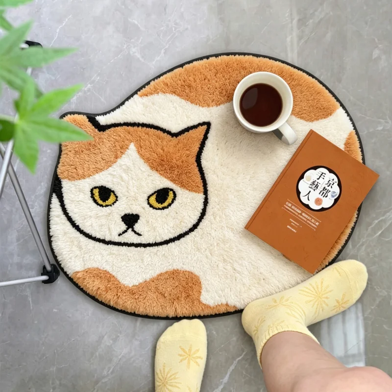 VIKAMA Chubby Cat Rug Oval White Orange Serious Kitten Non Slip Soft Flannel Floor Mat for Bedroom Living Room Bathroom Cute Pet