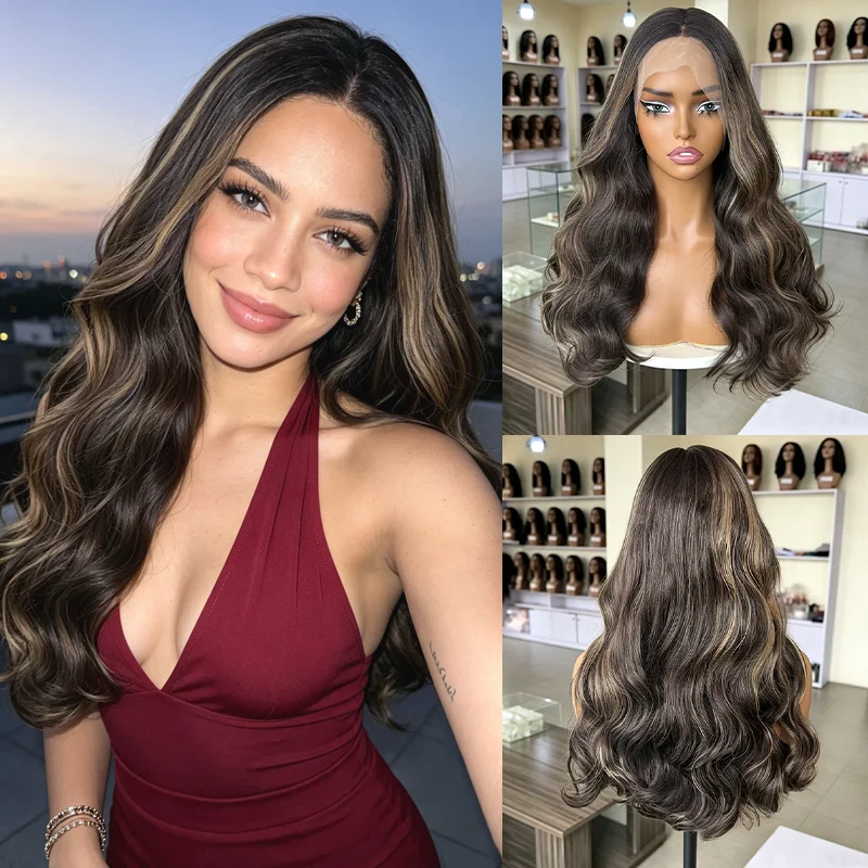 New In Synthetic Lace Front Wigs Dark Brown Highlights Brunette Wig Heat Resistant Synthetic Wig Natural Body Wave Wig 28 Inches