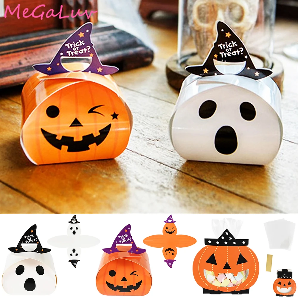 

10pcs Halloween Candy Boxes Pumpkin Ghost Candy Paper Bags Kids Trick or Treat Gift Box for Halloween Party Decoration Supplies