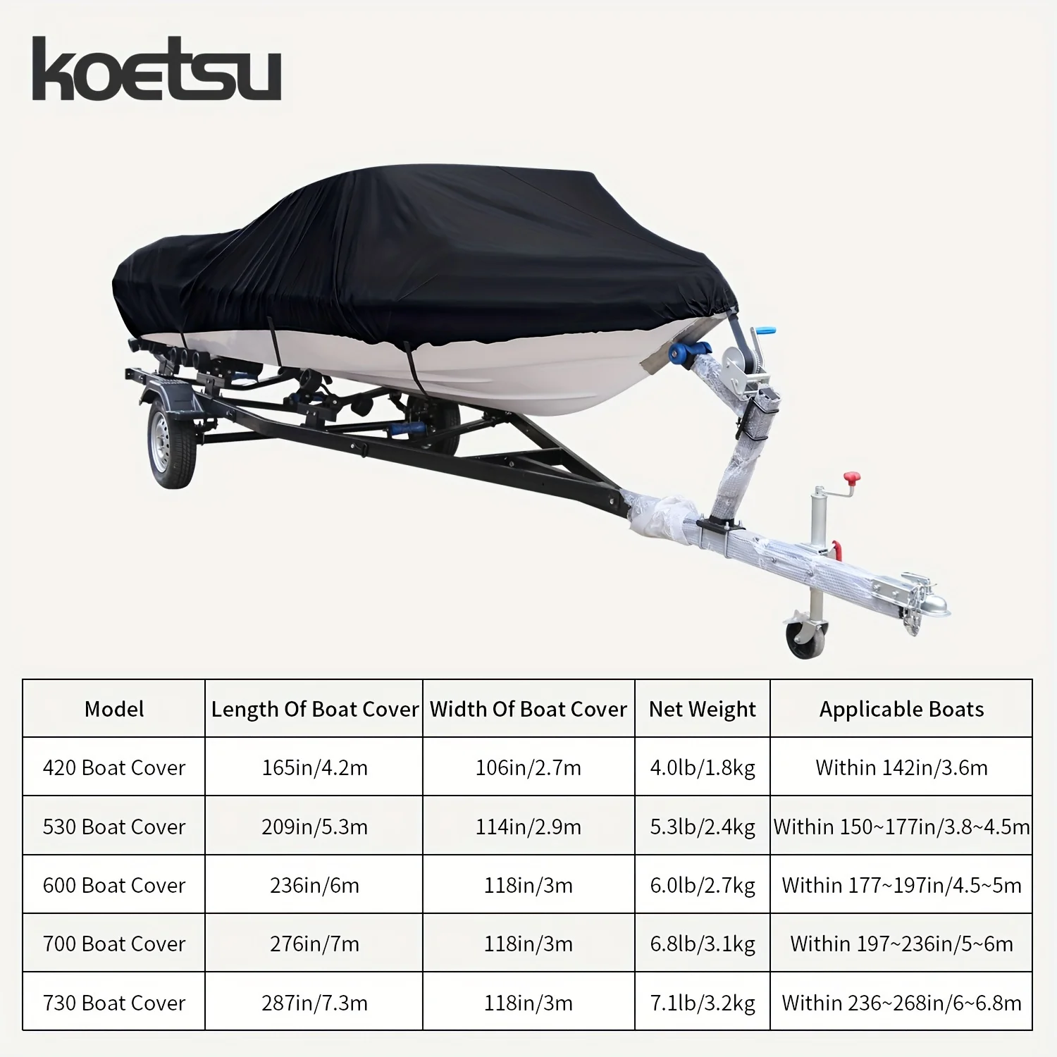 قطعة واحدة من KOETSU، متوفرة بخمسة مقاسات، غطاء دائري أسود 420D من النايلون المقاوم للغبار لقارب اليخوت البحرية مع وظيفة الشد
