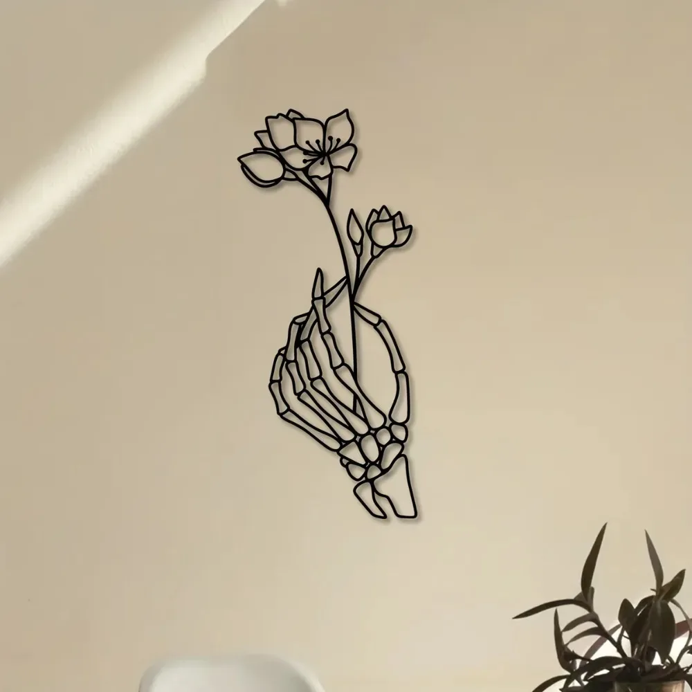 CIFBUY Gothic Iron Wall Decor Skull Hand Holding Cherry Blossom Metal Sign Minimalist Black Silhouette Plaque For Dark Bedroom
