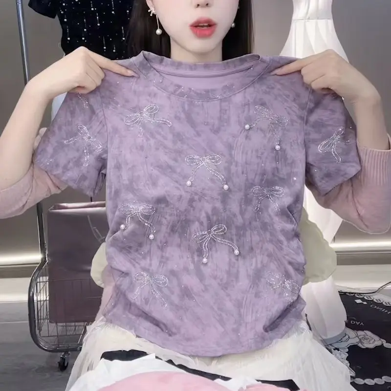 

2025 Summer Bead Bow Fashionable Versatile Round Neck Short-sleeved T-shirt for Women Slim Top
