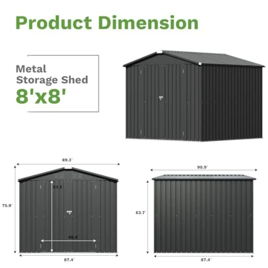 Outdoor storage shed for feet, black powder-coated steel, weather-resistant and lockable with double doors