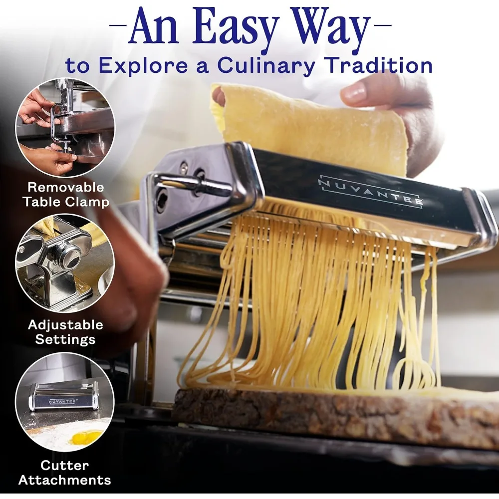 Pasta Maker Machine, Adjustable Thickness Settings, Noodles Maker with Washable Aluminum Alloy Rollers and Cutter