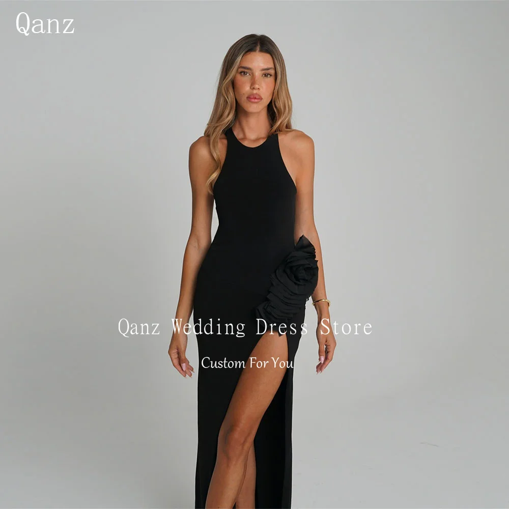 

Qanz Chic Black Satin Evening Dresses High Leg Slit Sleeveless Prom Dress Mermaid Ruffles Special Occasion Gown Customized