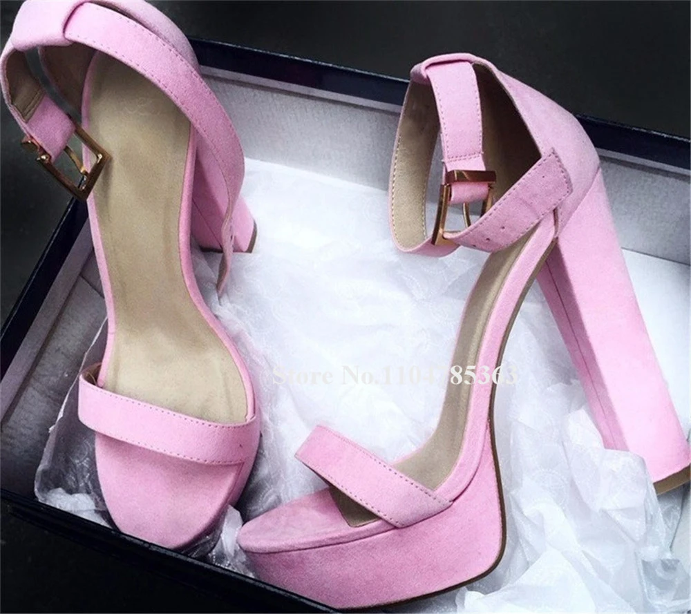 

Летние модные замшевые босоножки на массивном каблуке с открытым носком, розовые, синие, с ремешком на щиколотке и пряжкой, вечерние туфли на высокой платформе и толстом каблуке, большой размер
