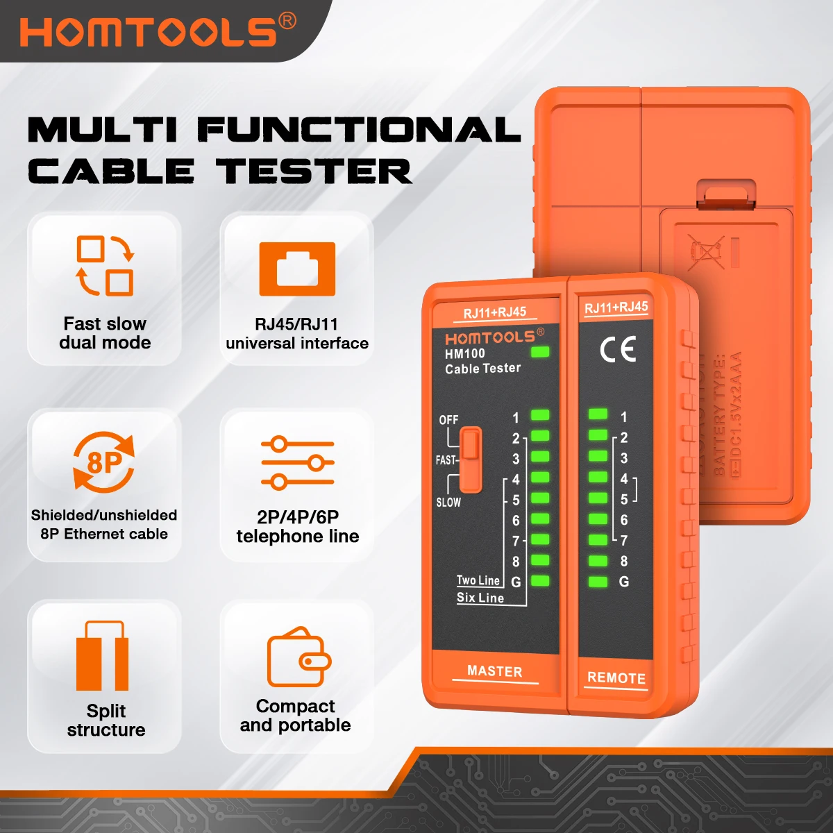 جهاز اختبار كابل الشبكة Homtools HM100 لأداة اختبار Lan RJ45 Cat5 Cat5e Cat6 Cat7 8P 6P / كابل محمي وكابل هاتف RJ11