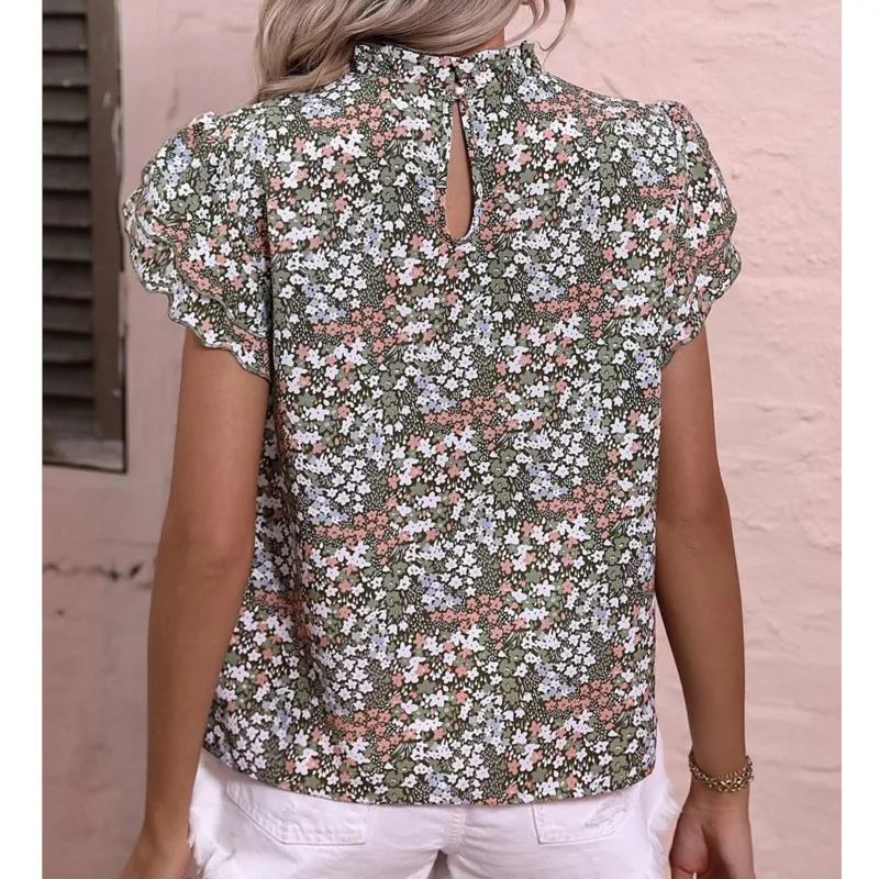 Bohemian shirt floral lotus leaf sleeve round neck fresh and sweet top, 2024 summer new comfortable patchwork shirt for women