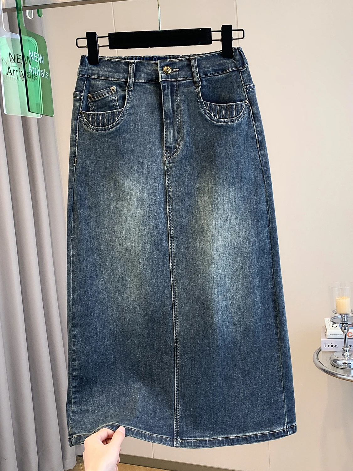 

Джинсовая юбка А-силуэта средней длины для похудения, женская повседневная юбка с эластичной талией в корейском стиле, для работы, с высокой талией, весна-лето