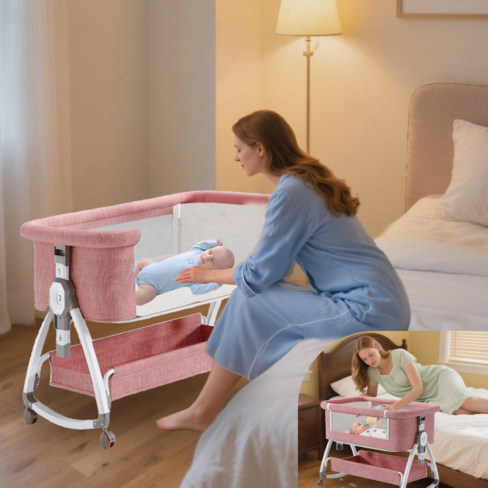 90x55cm Baby Crib Portable Splicing Cradle Bed With Wheels,Mosquito Net Foldable Height Adjustable Movable Bedside Swing Beds