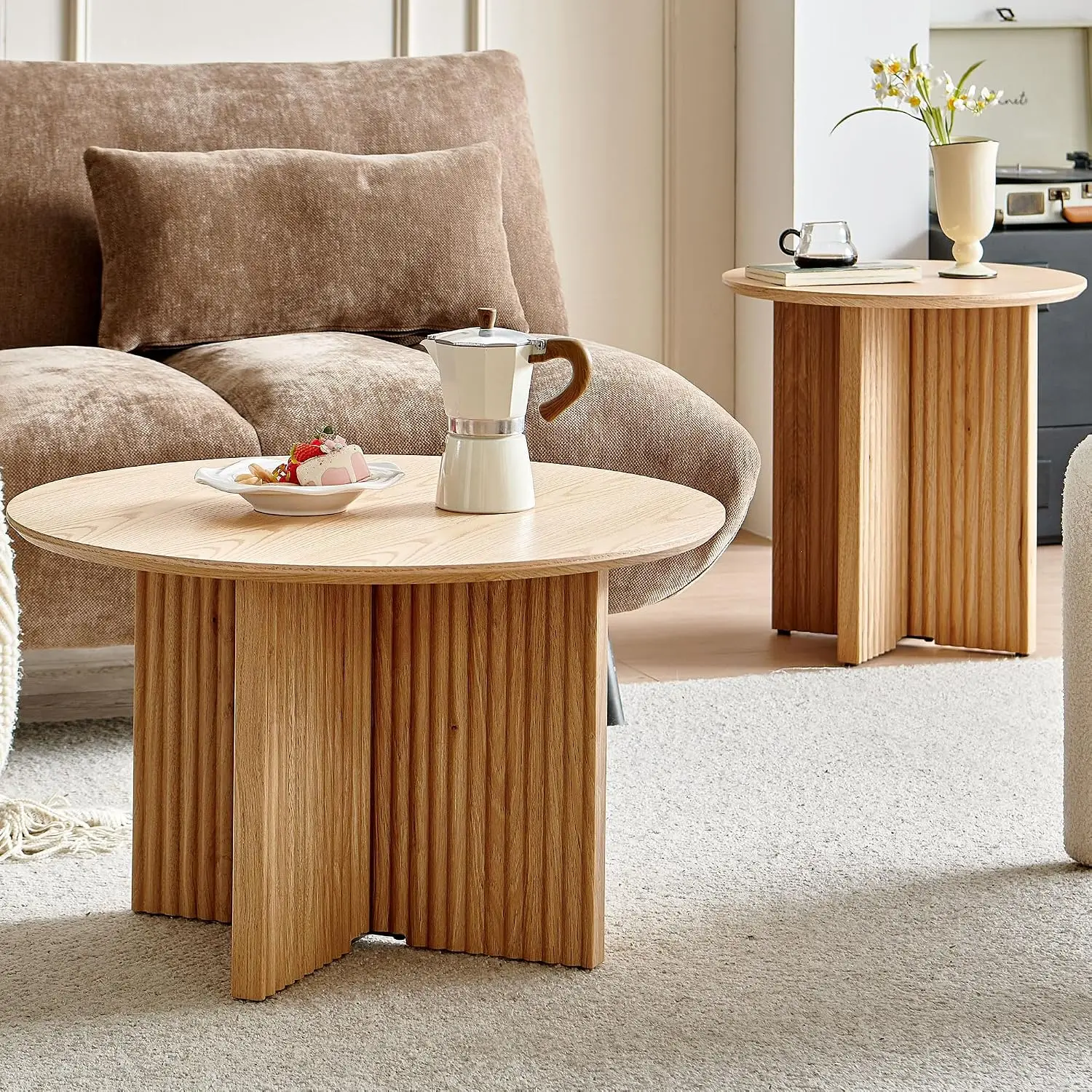 Fluted Round Nesting Coffee Table Set 2 Mid Century Modern Wood Circle Side Table Minimalist Living Room Office Oak, Customized