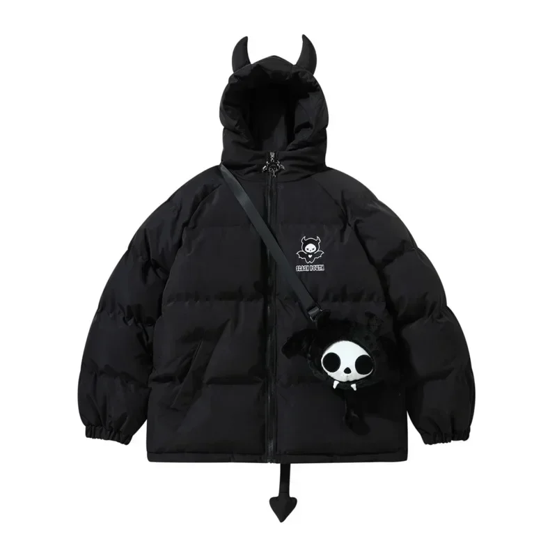 Winter New Warm Down Jacket Retro Little Devil Cartoon Wings Coat Women’s Street Harajuku Casual Loose Hooded Cotton Jacket Coat