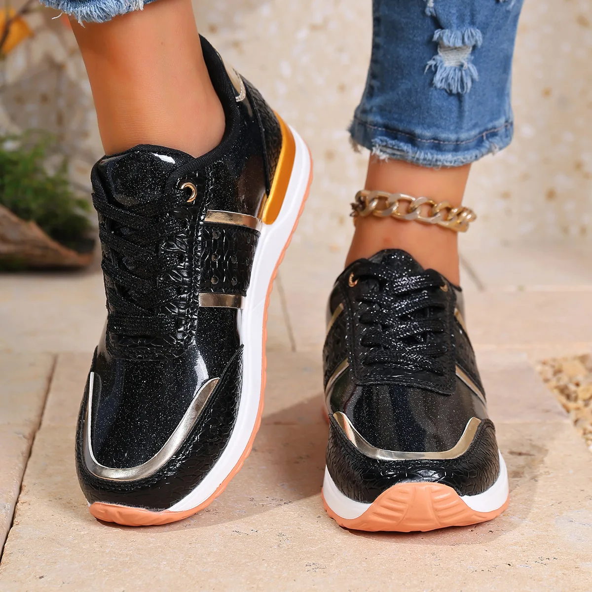 

New Spring/Autumn 2025 fashionable large-sized thick-soled solid-color European and American casual low-top sports shoes