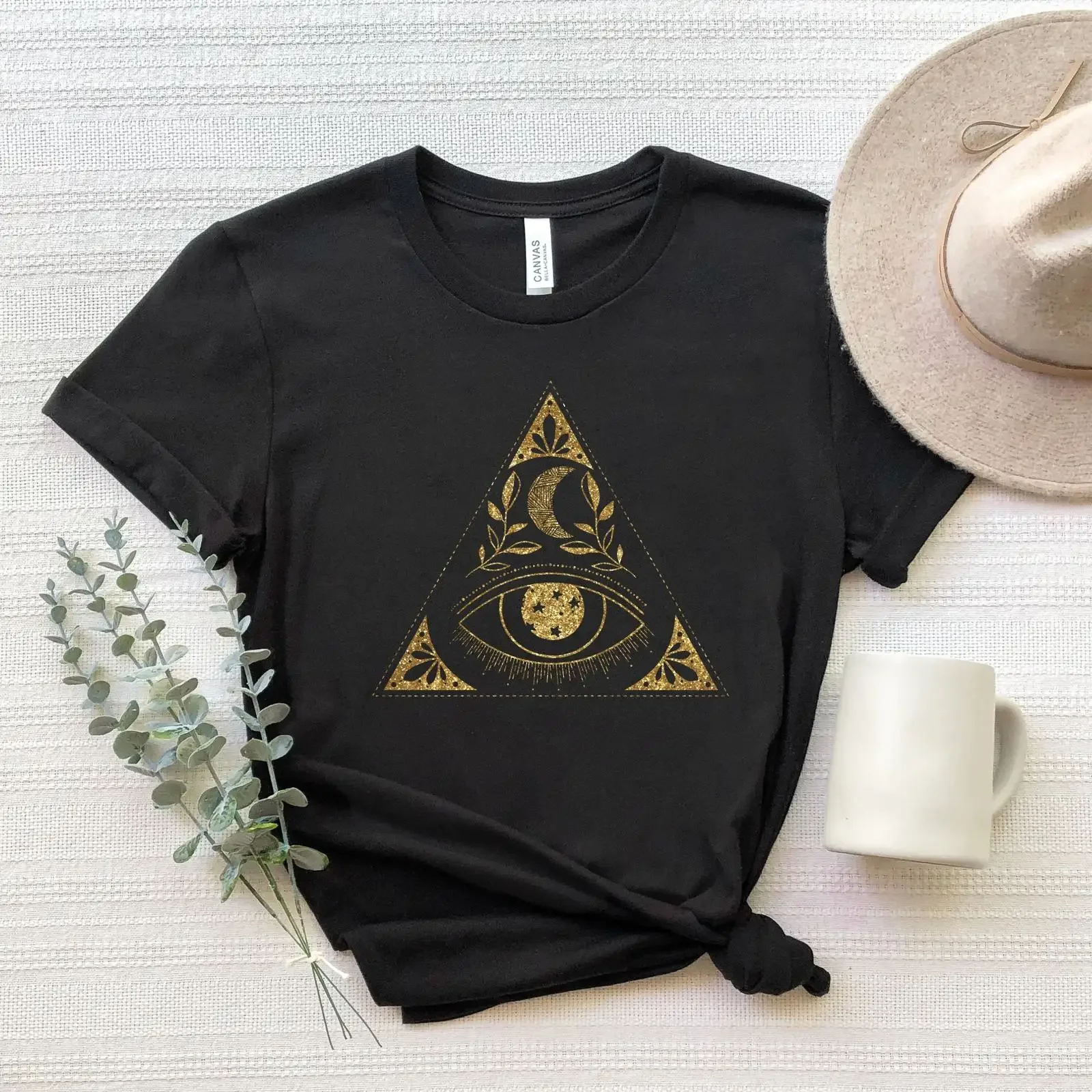 Boho Gold Evil Eye T Shirt Mystical Third Crescent Moon Triangle Print Spiritual Metaphysical GifT vintage Washed streetwear