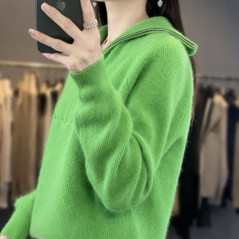 100% Mink Cashmere Sweater Women Stand Collar Half Open Zipper Knit Pullover 2023 new Autumn and Winter Lazy Loose Big Size Tops