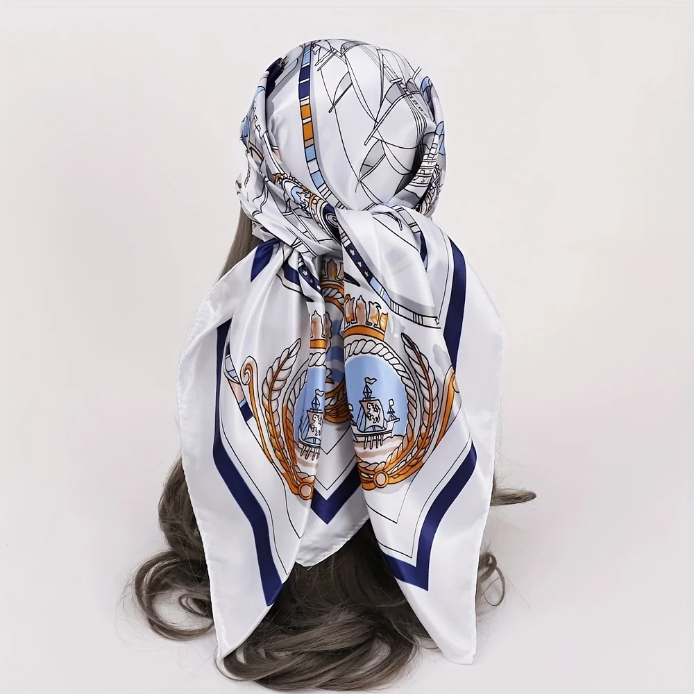 35,43 Zoll großer quadratischer Schal aus Satin mit Vintage-Print für Damen, hochwertiger Schal zum Wickeln für Bankett, Segelboot, Kutschen, Kettenmuster