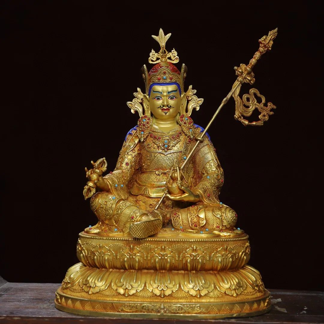 Tibetan brass gilt painted face drawing gem lotus peanut statue ornament home Buddhist hall incense case supplies 32cm